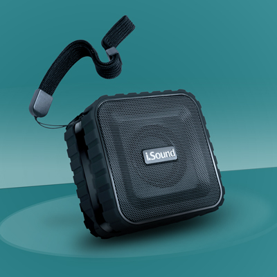ISOUND<sup>&reg;</sup> Dura Waves Bluetooth<sup>&reg;</sup> Speaker – Features a rugged, durable exterior that is waterproof and protects against the elements such as dust, dirt, sun, and snow. Also features a rechargeable lithium battery that provides up to 6 hours of continuous music playback.  A removable suction cup and lanyard allow you to enjoy the bold sound on the go. Connects via Bluetooth or AUX cable to mobile phones and other popular media devices.